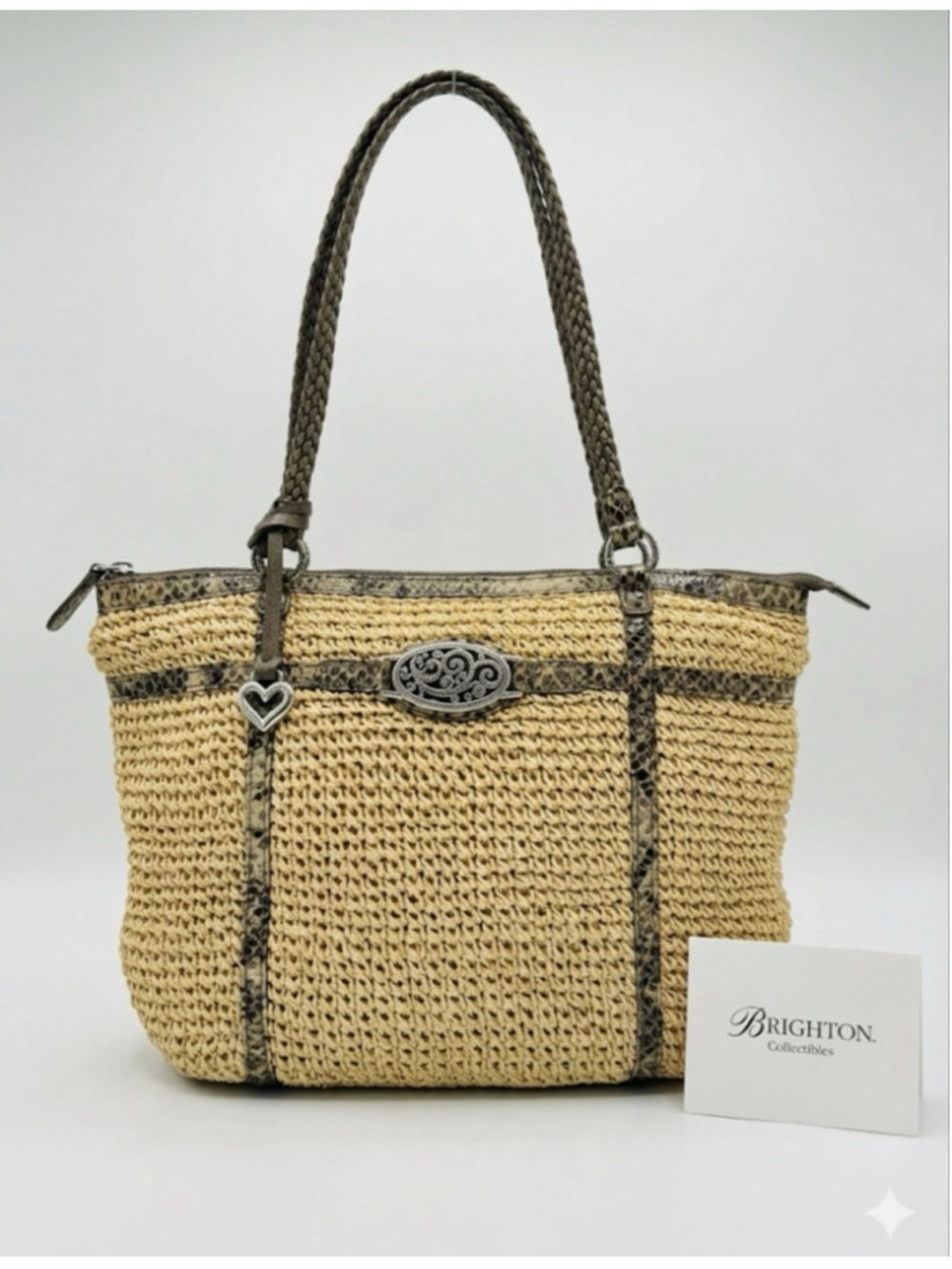 Brighton Beige Woven Tote Bag with Brown Snake Print Trim, One Size